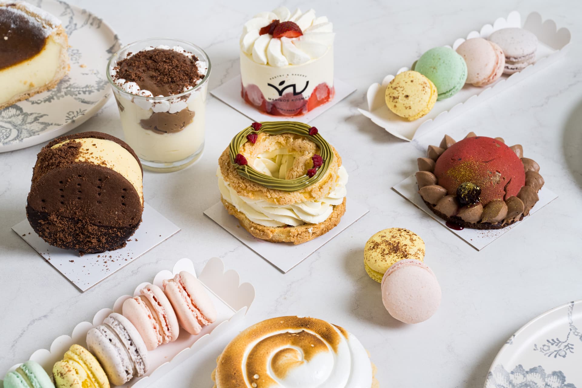Individual handcrafted pastries and macarons