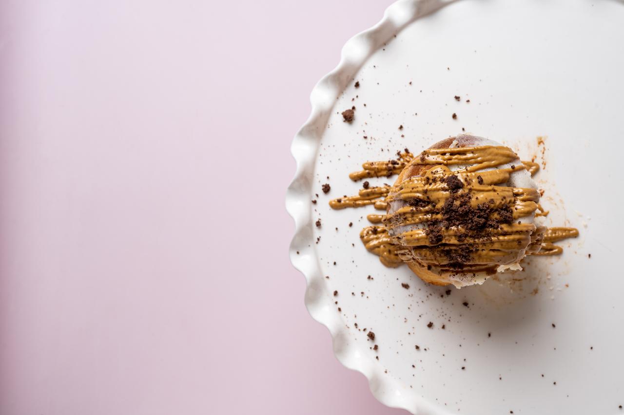 Caramel drizzled pastry with chocolate crumb
